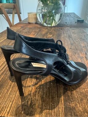 Balenciaga Black Leather Lace-Up Slingback Heels